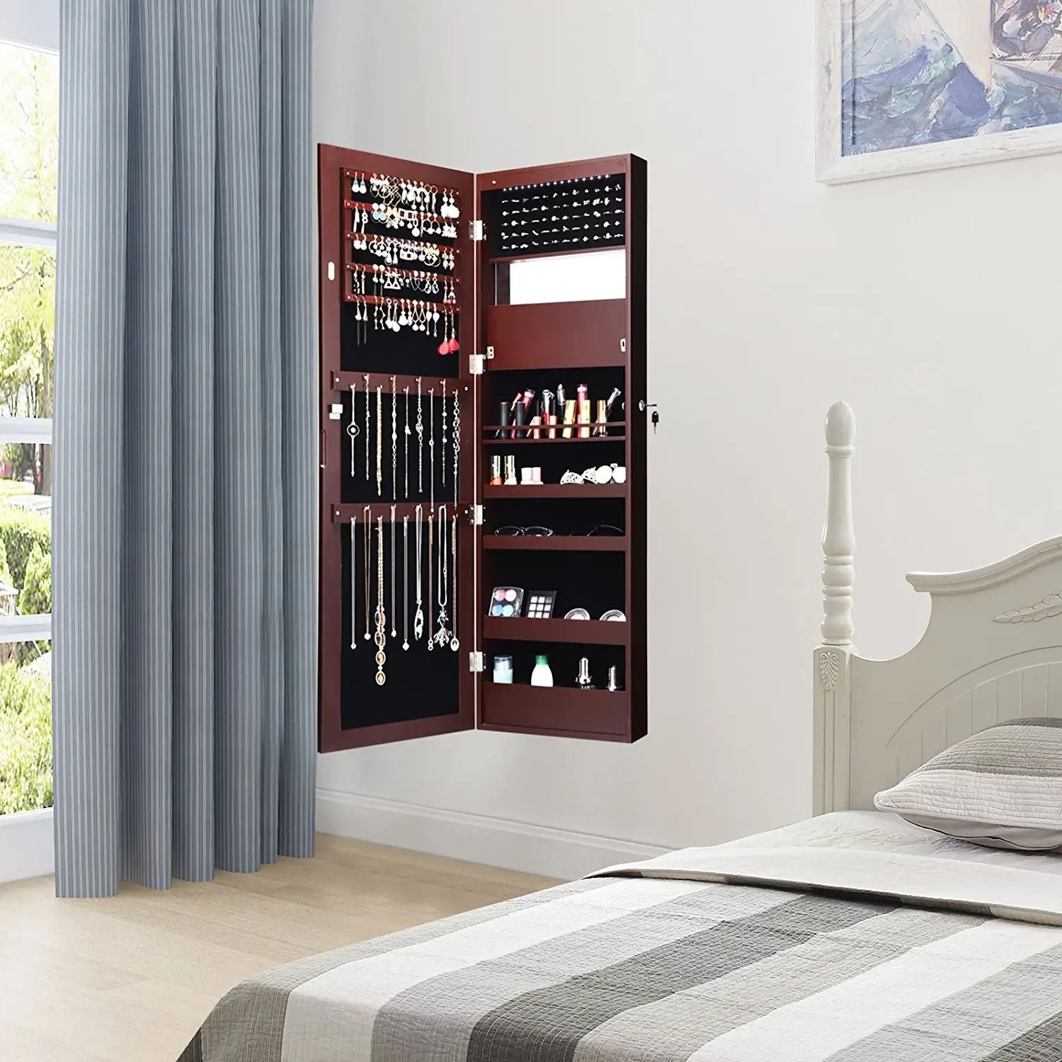 Wall Mounted Mirror Jewelry Cabinet, LED Lights, Brown Jewelry Armoires at Gallery Canada