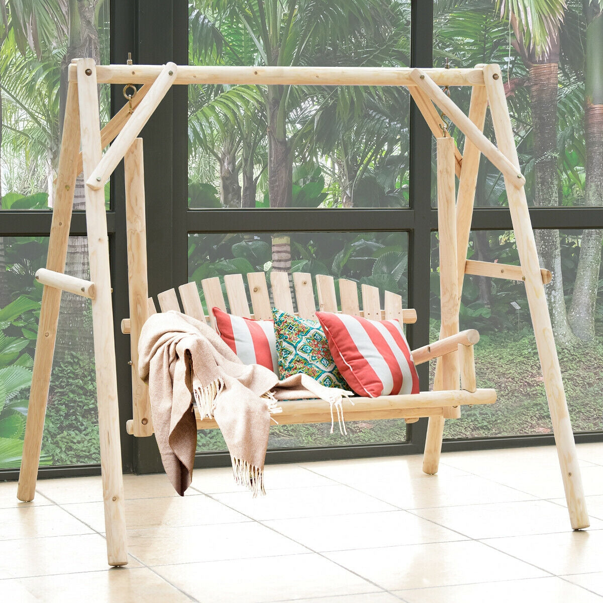 Outdoor Wooden Porch Bench Swing Chair, Rustic Curved Back, Natural Porch Swings at Gallery Canada