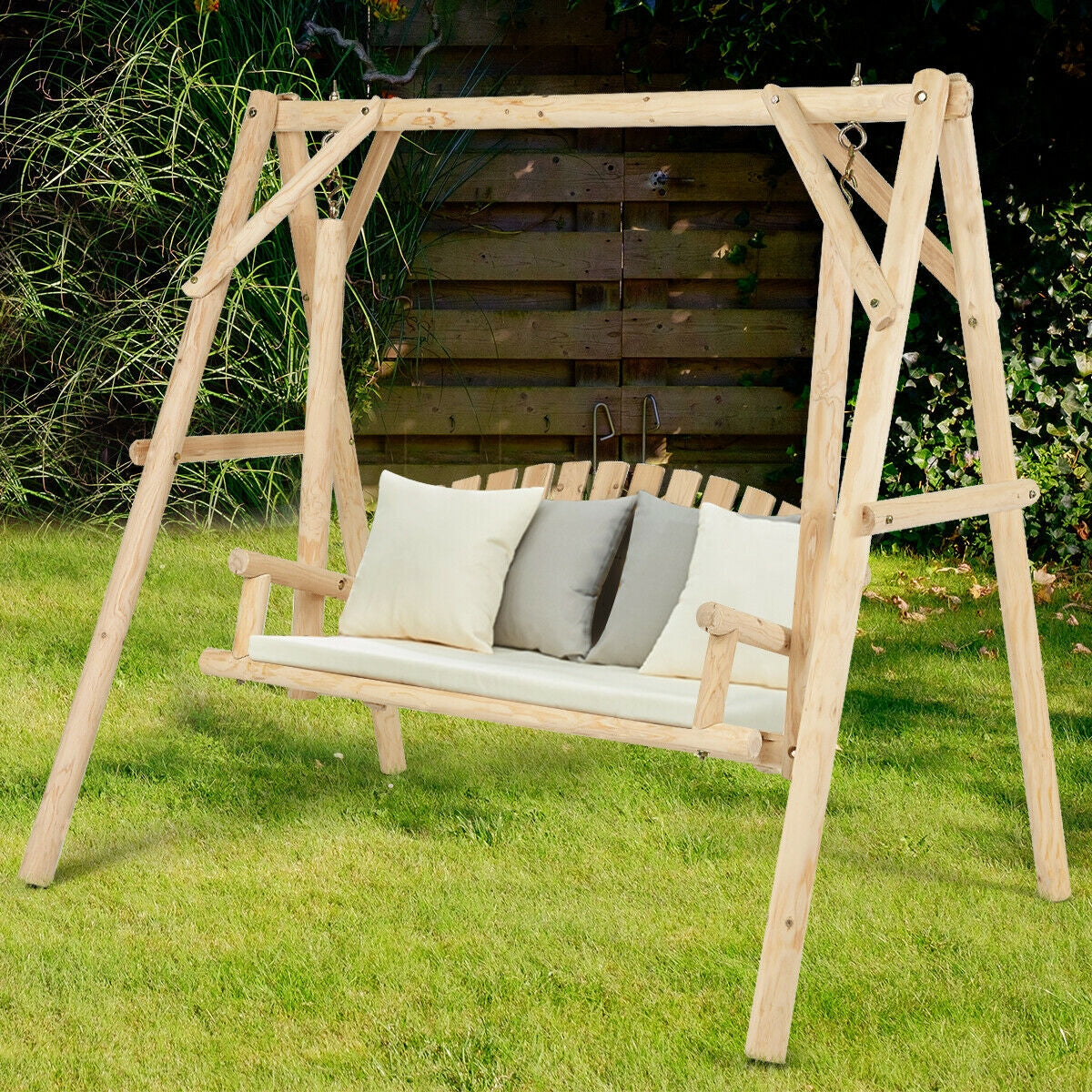 Outdoor Wooden Porch Bench Swing Chair, Rustic Curved Back, Natural Porch Swings at Gallery Canada