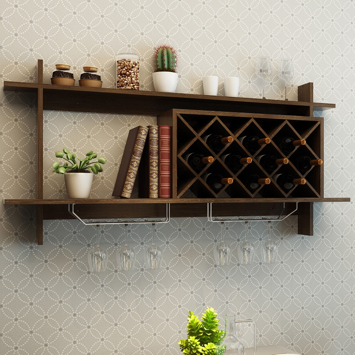 Wall Mount Wine Rack With Glass Holder, Storage Shelf, Walnut Wine Racks at Gallery Canada