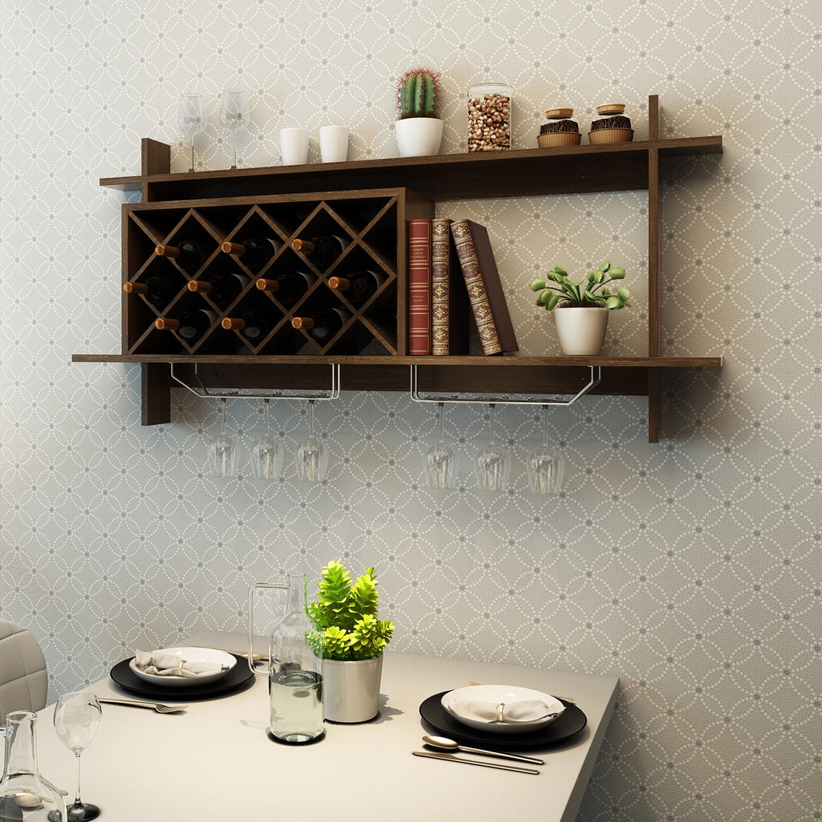 Wall Mount Wine Rack With Glass Holder, Storage Shelf, Walnut Wine Racks at Gallery Canada