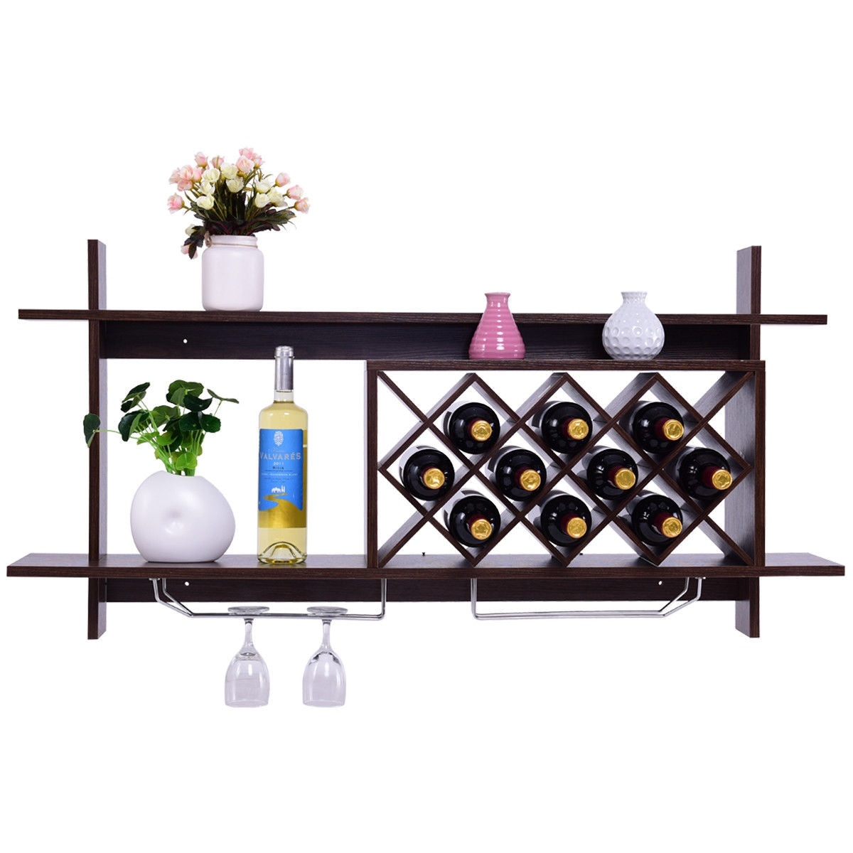 Wall Mount Wine Rack With Glass Holder, Storage Shelf, Walnut Wine Racks at Gallery Canada