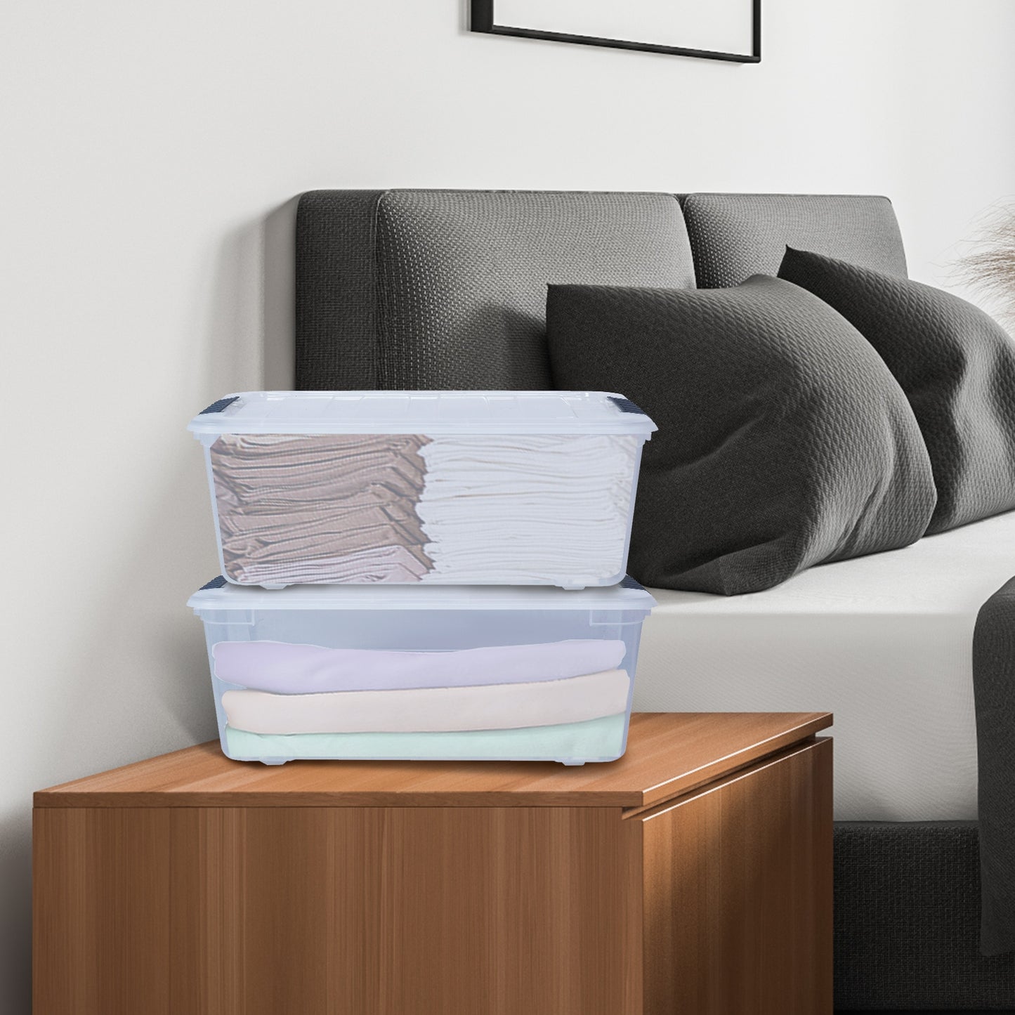 12 Pack 156 Quart Latch Stack Storage Tubs, Transparent Clothing & Closet Storage at Gallery Canada