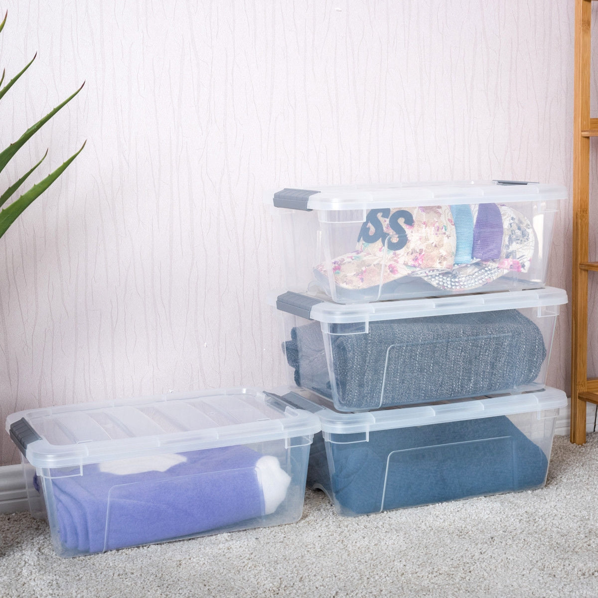 12 Pack 156 Quart Latch Stack Storage Tubs, Transparent Clothing & Closet Storage at Gallery Canada