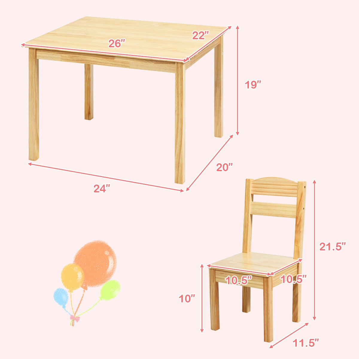 Kids Pine Wood Table Chair Set, 5 Pieces, Natural Kids Table & Chair Sets at Gallery Canada