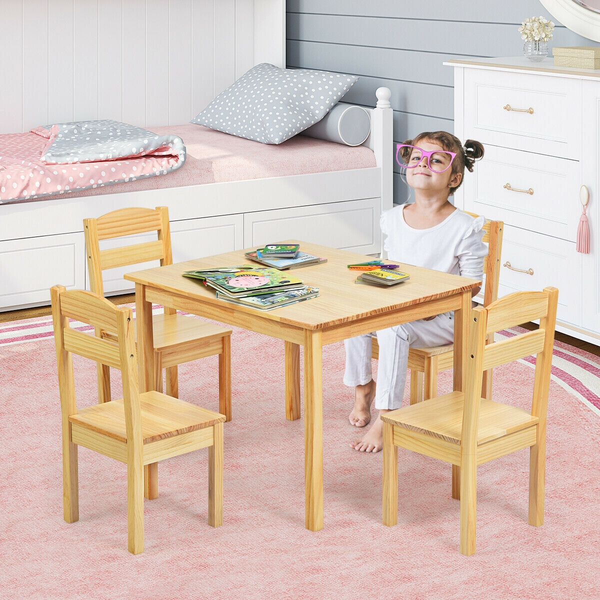 Kids Pine Wood Table Chair Set, 5 Pieces, Natural Kids Table & Chair Sets at Gallery Canada