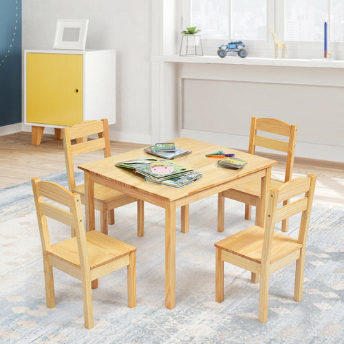 Kids Pine Wood Table Chair Set, 5 Pieces, Natural