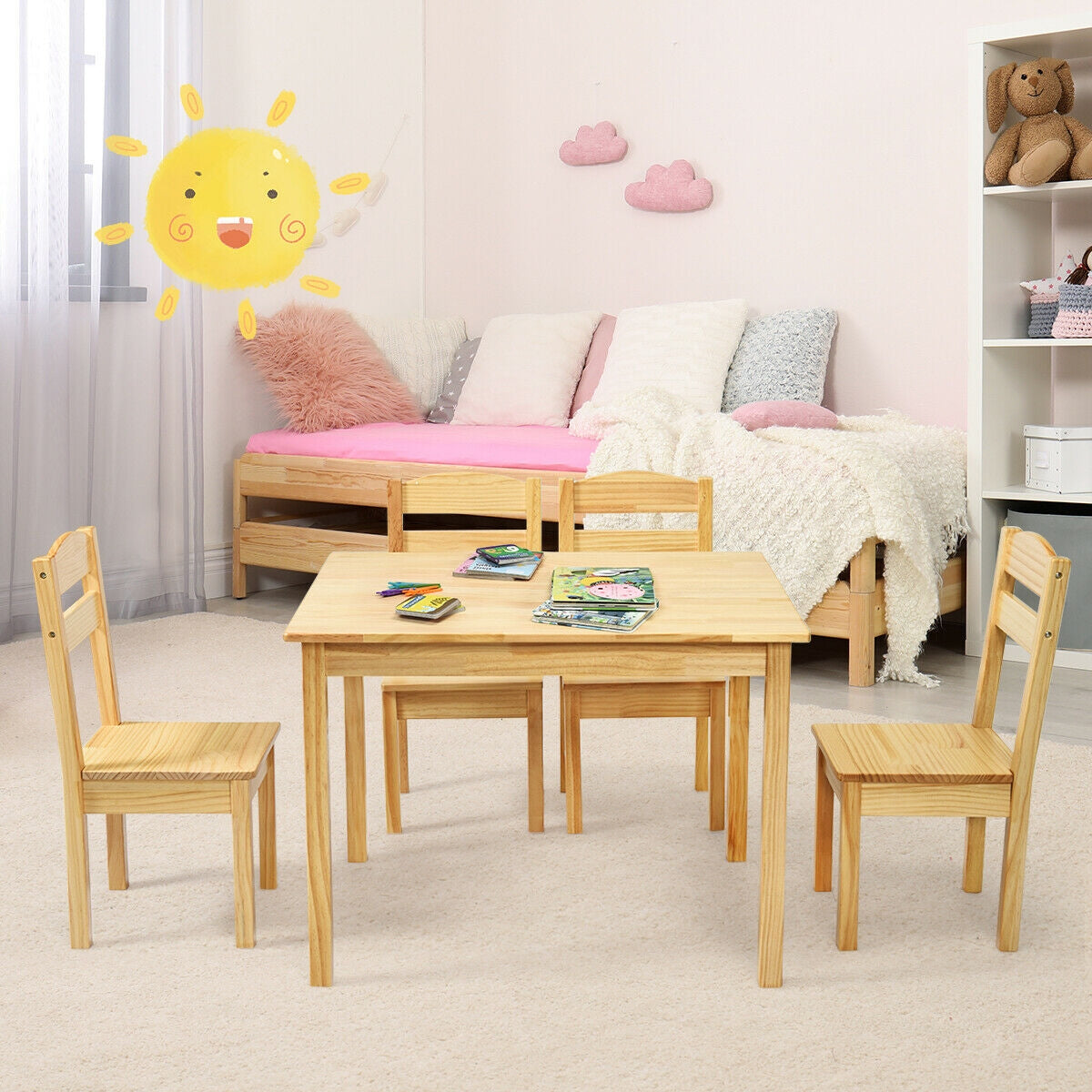Kids Pine Wood Table Chair Set, 5 Pieces, Natural Kids Table & Chair Sets at Gallery Canada