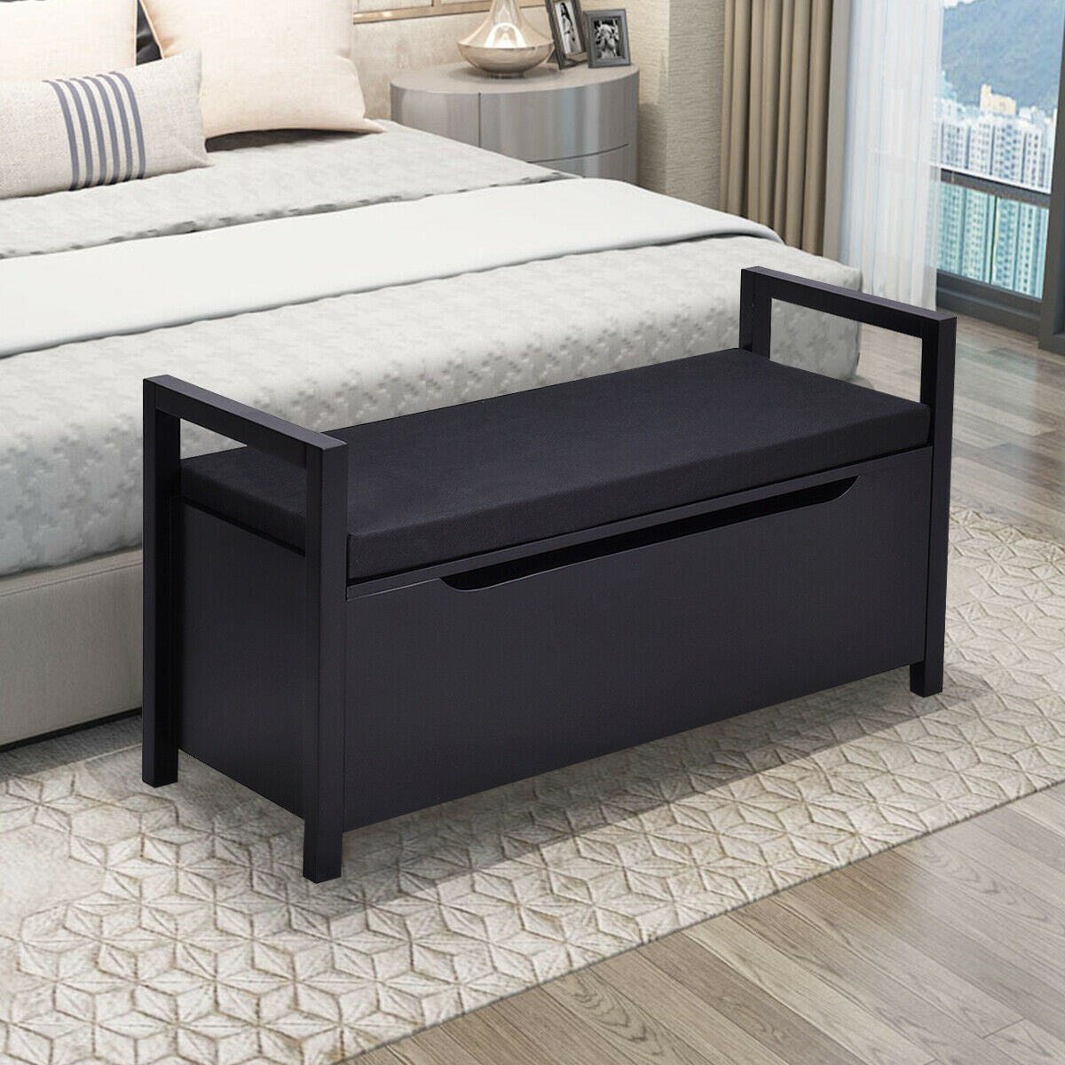 Shoe Storage Bench, 34.5 ×15.5 ×19.5 Inch, With Cushion Seat, Black Shoe Racks & Storage Benches at Gallery Canada