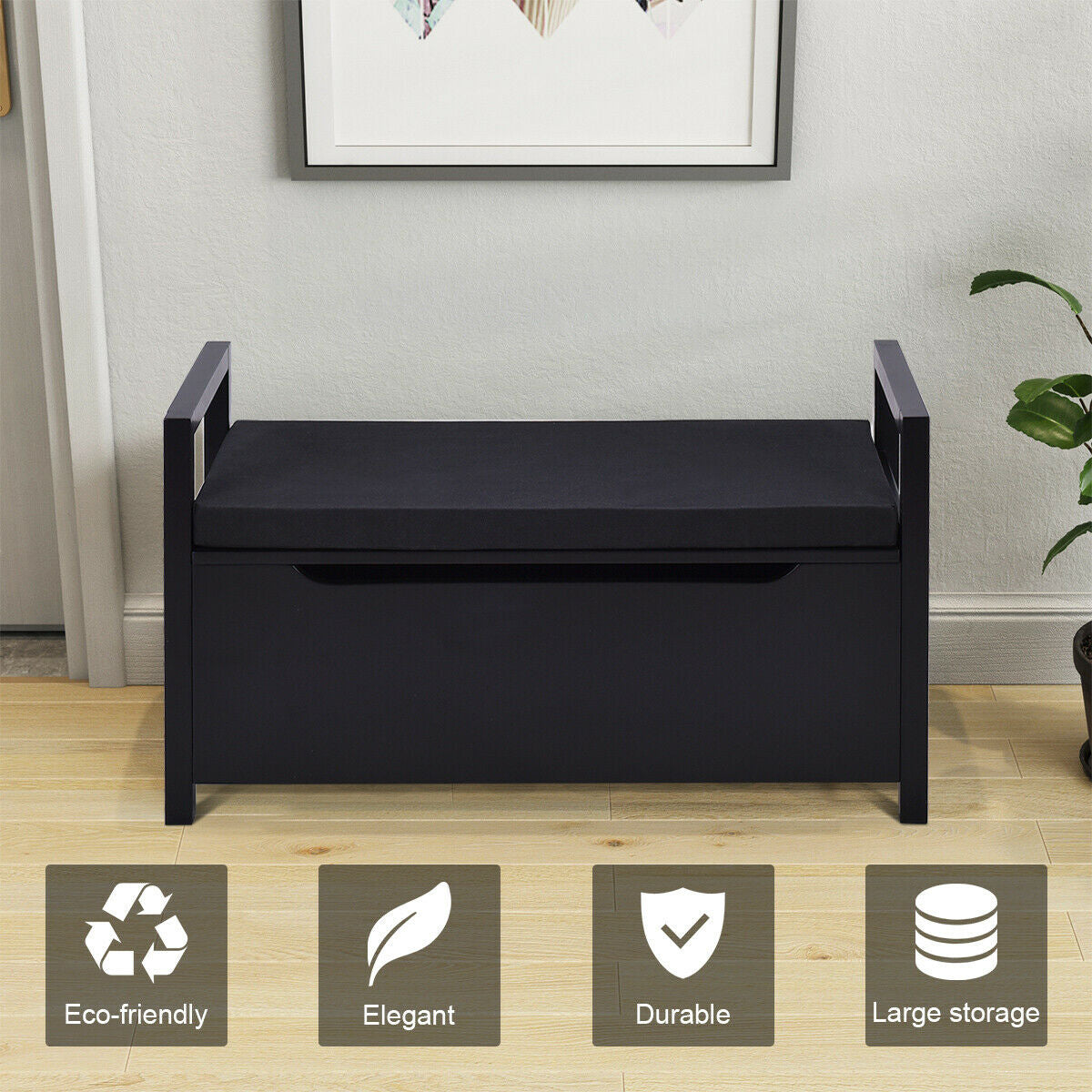 Shoe Storage Bench, 34.5 ×15.5 ×19.5 Inch, With Cushion Seat, Black Shoe Racks & Storage Benches at Gallery Canada