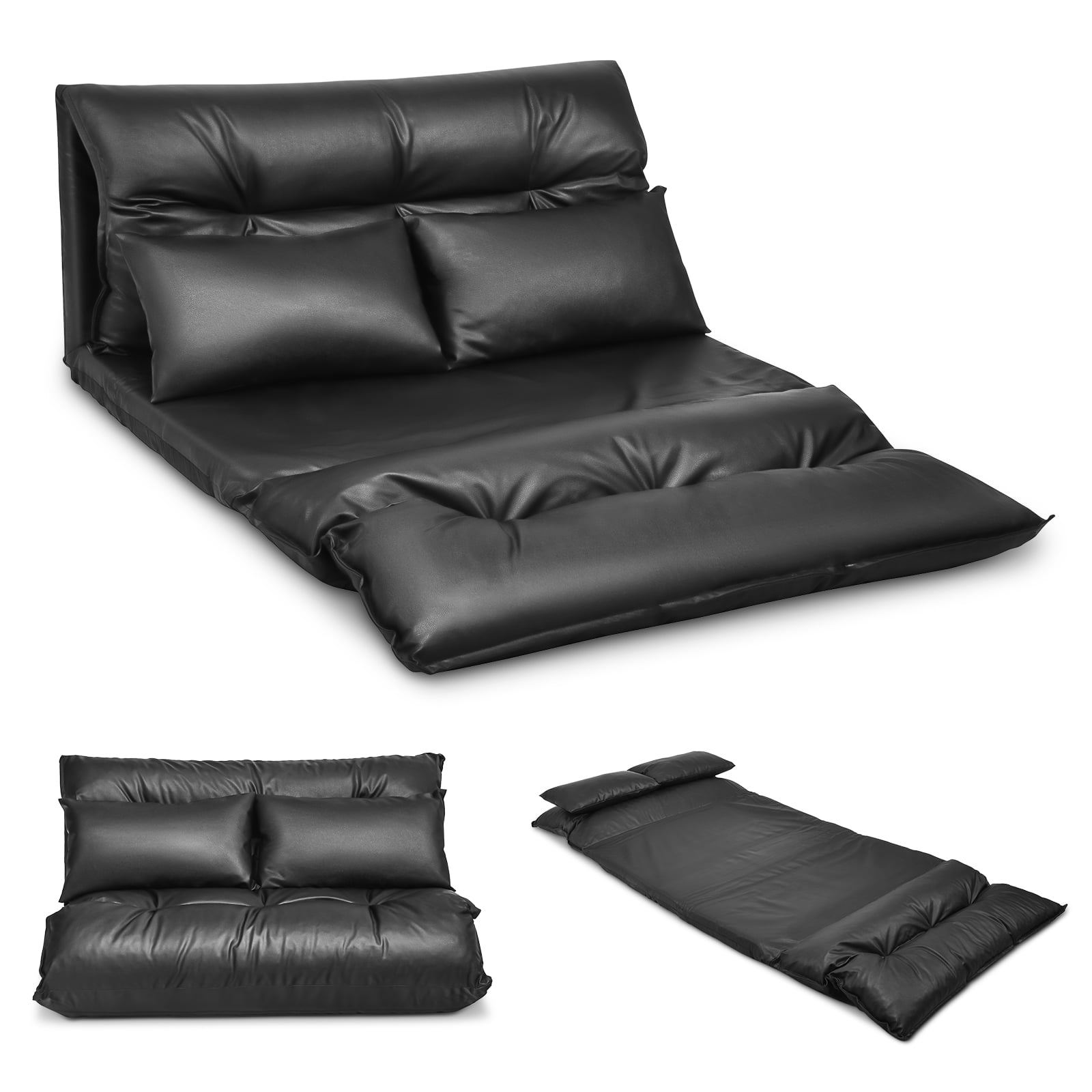 Foldable PU Leather Floor Sofa Bed, 2 Pillows, Black Floor Chairs at Gallery Canada