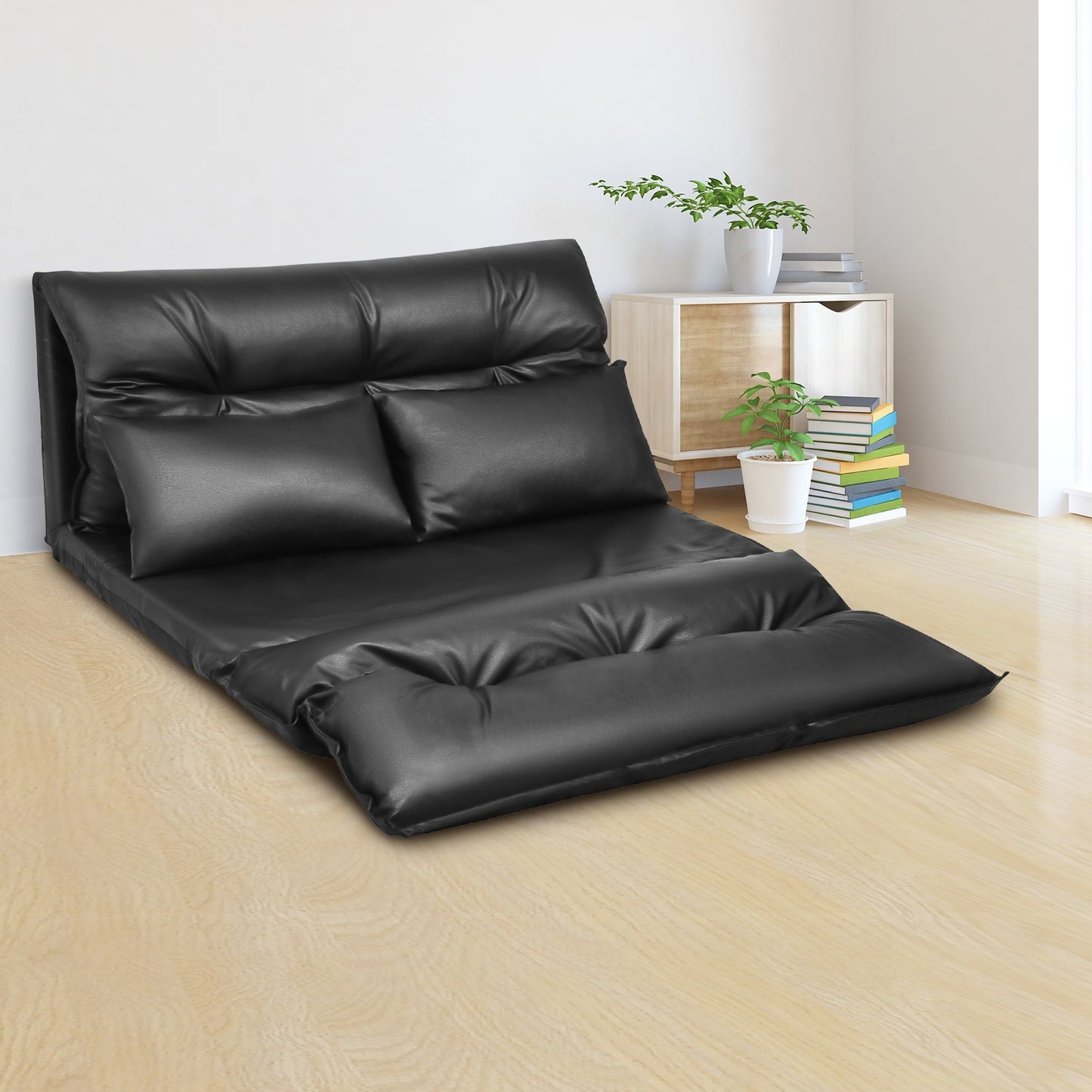 Foldable PU Leather Floor Sofa Bed, 2 Pillows, Black Floor Chairs at Gallery Canada