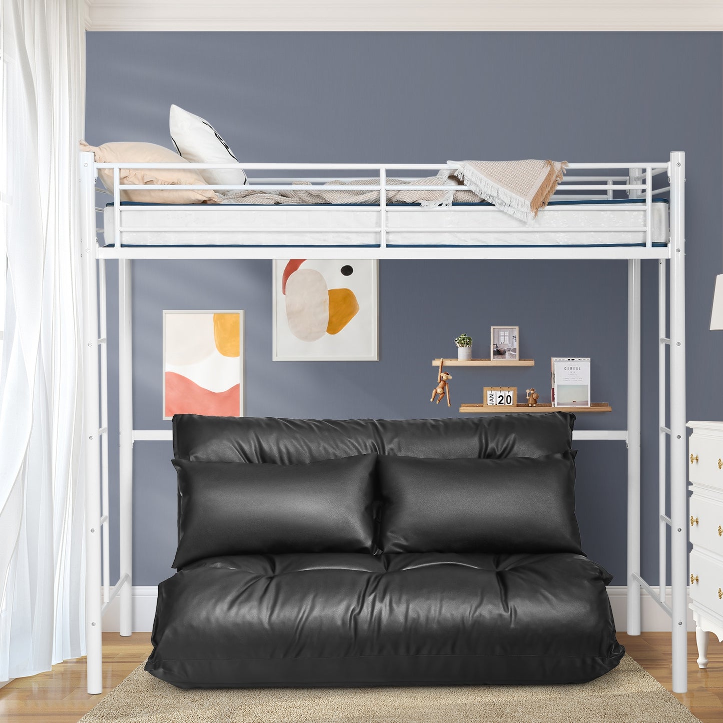 Foldable PU Leather Floor Sofa Bed, 2 Pillows, Black Floor Chairs at Gallery Canada