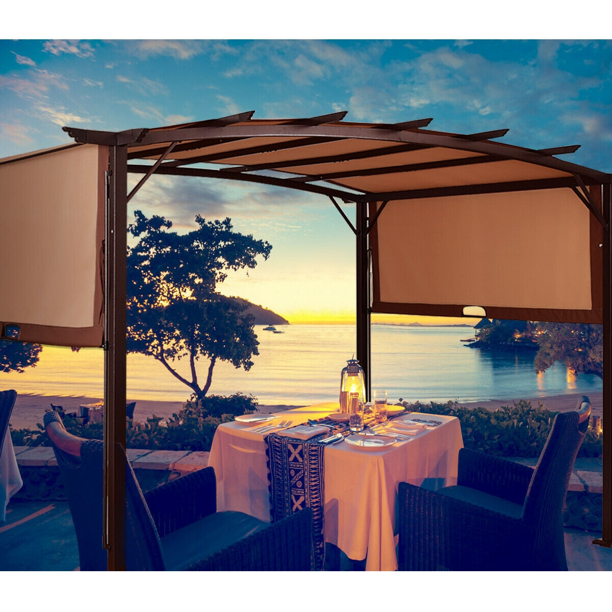 12 x 9 Feet Pergola Gazebo, Retractable Canopy, Brown Gazebos at Gallery Canada