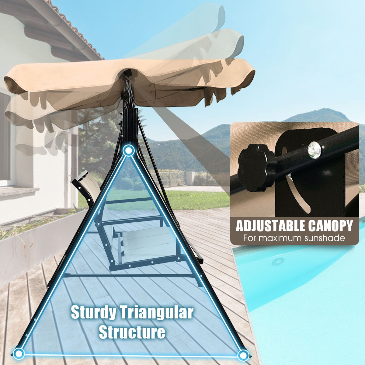 3 Person Steel Frame Patio Swing, Adjustable Canopy, Brown Porch Swings at Gallery Canada