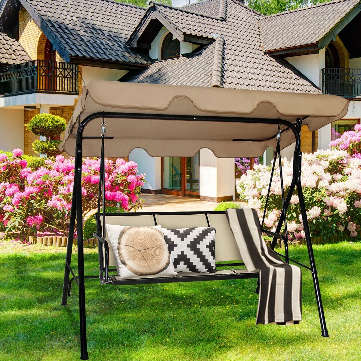 3 Person Steel Frame Patio Swing, Adjustable Canopy, Brown Porch Swings at Gallery Canada