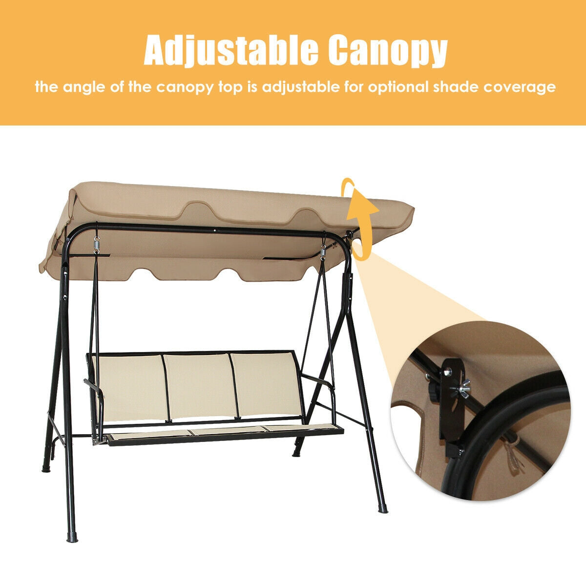 3 Person Steel Frame Patio Swing, Adjustable Canopy, Brown Porch Swings at Gallery Canada