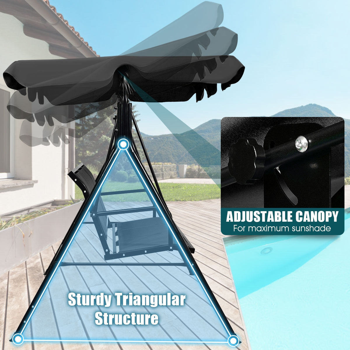 Outdoor Patio Swing Canopy, 3 Person, Black Porch Swings at Gallery Canada