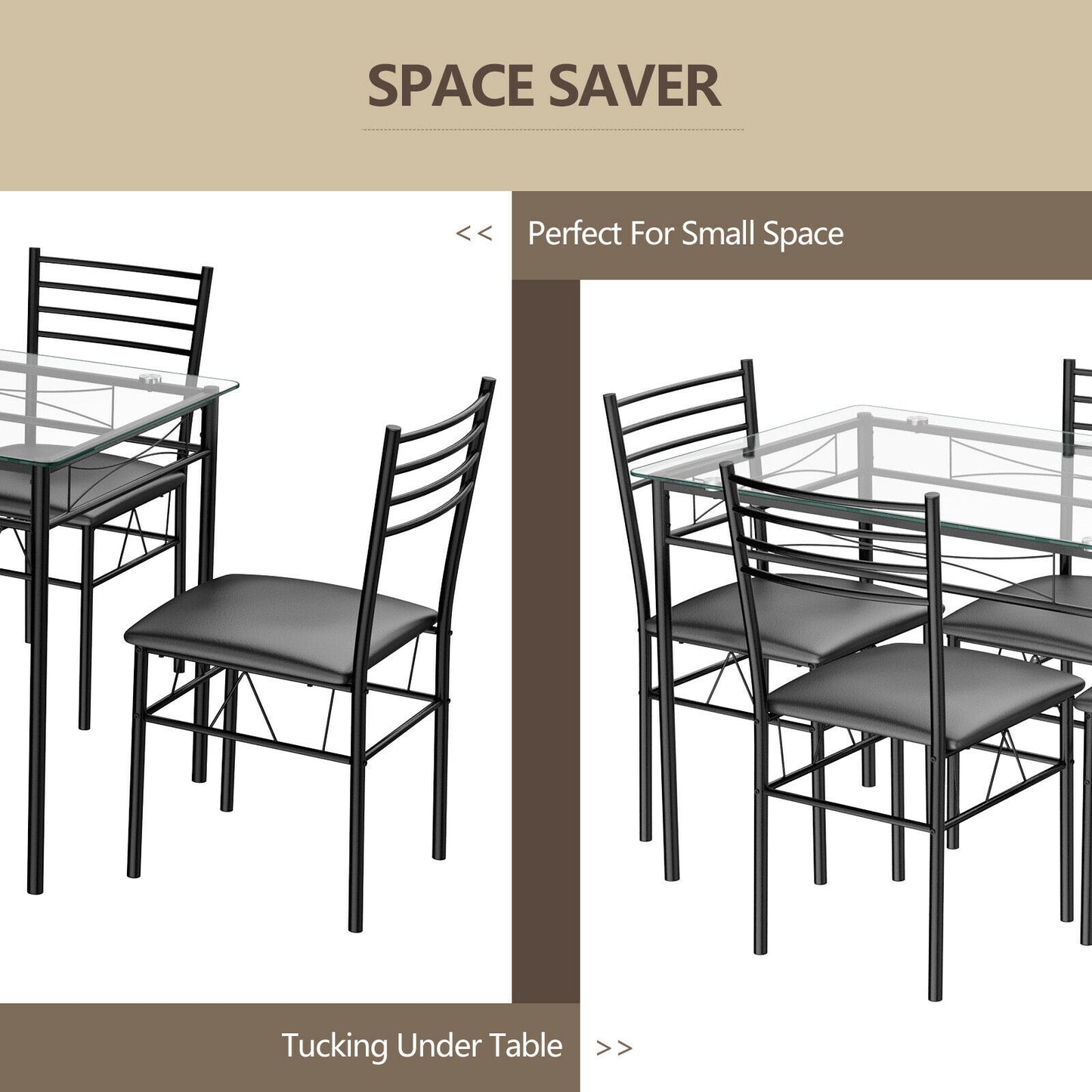 5 Piece Dining Set, Tempered Glass Table, 4 Upholstered Chairs, Black Dining Room Sets at Gallery Canada
