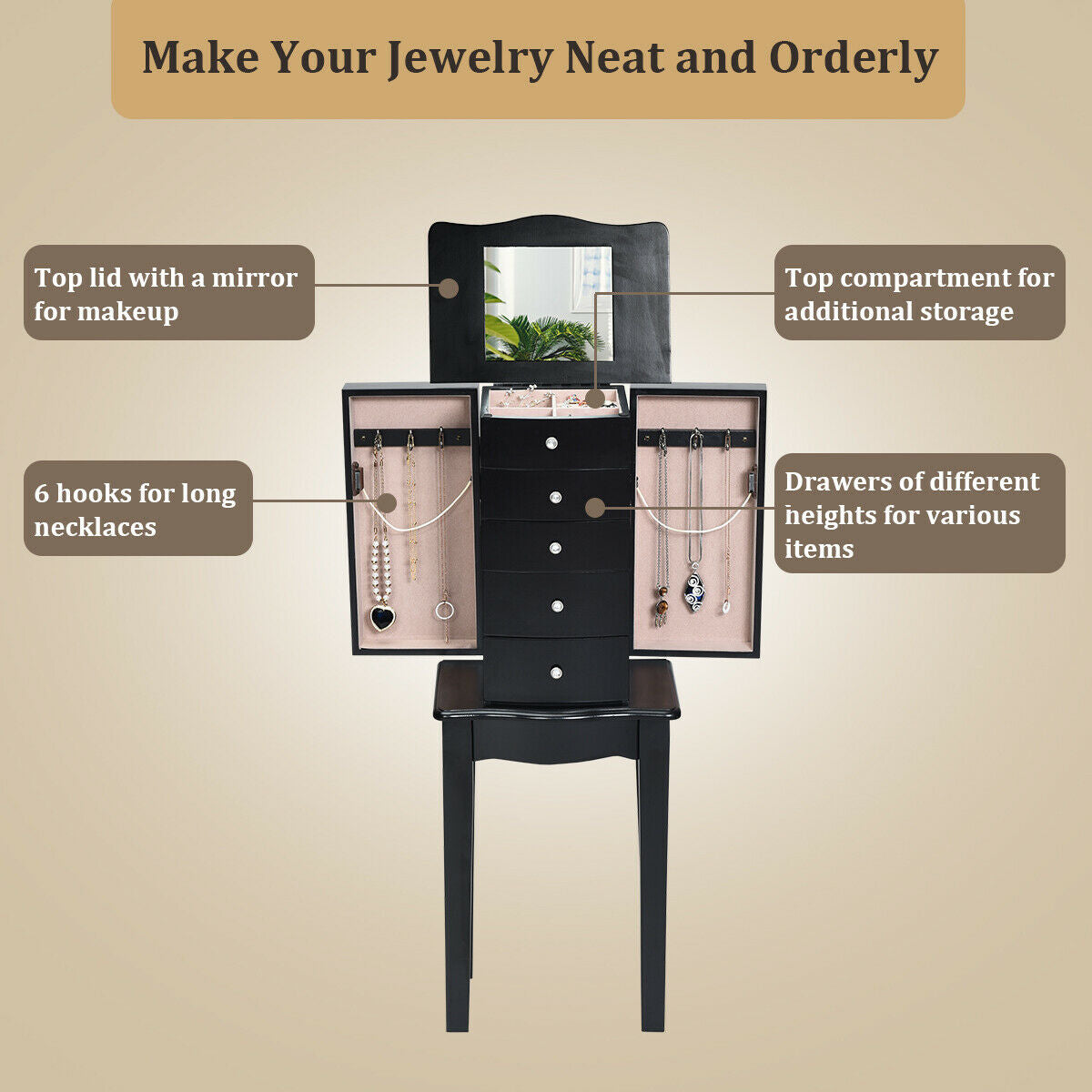 Wood Mirrored Jewelry Storage Chest Cabinet Jewelry Armoires at Gallery Canada