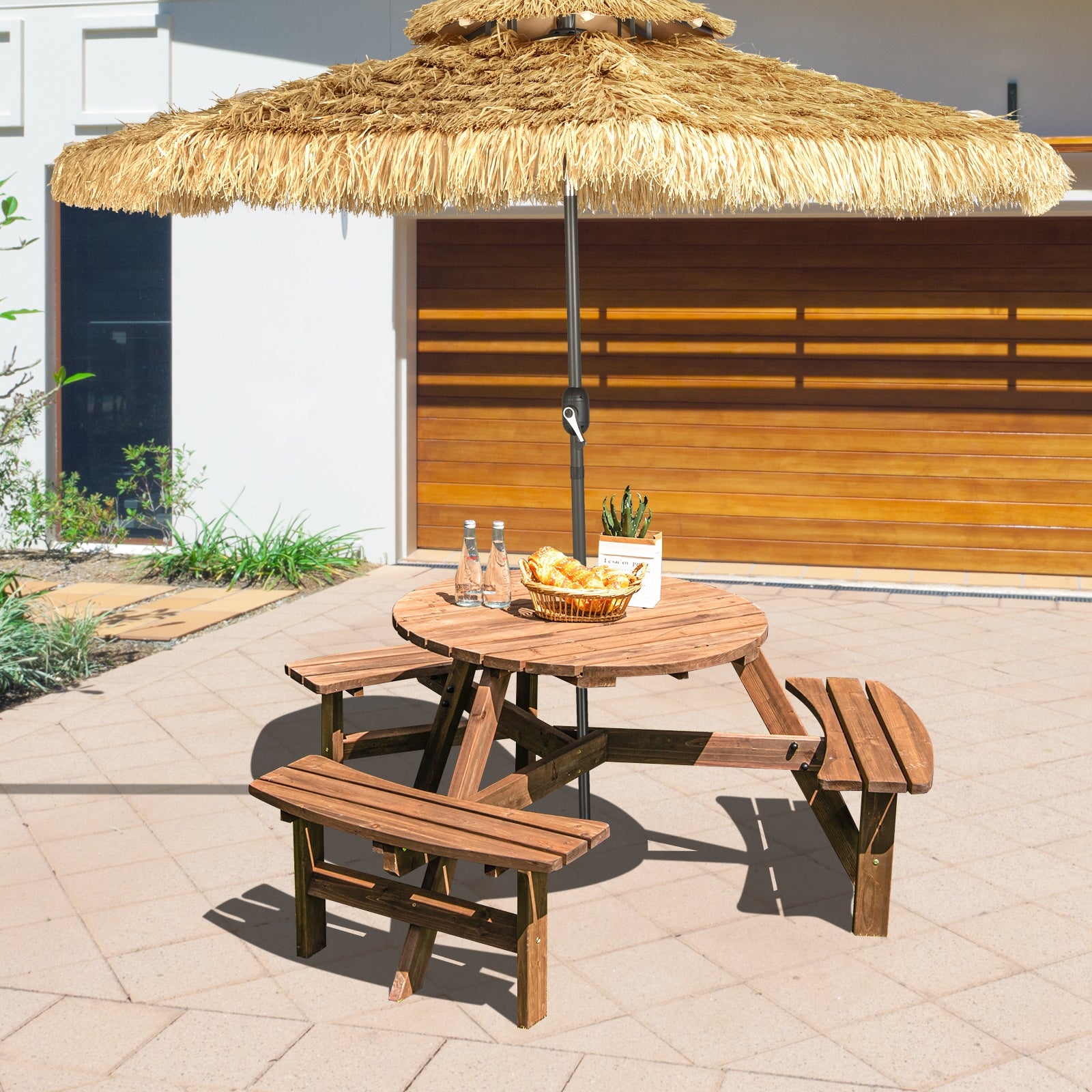 6 Person Wooden Picnic Table Set, Bench, Umbrella Hold Picnic Tables at Gallery Canada