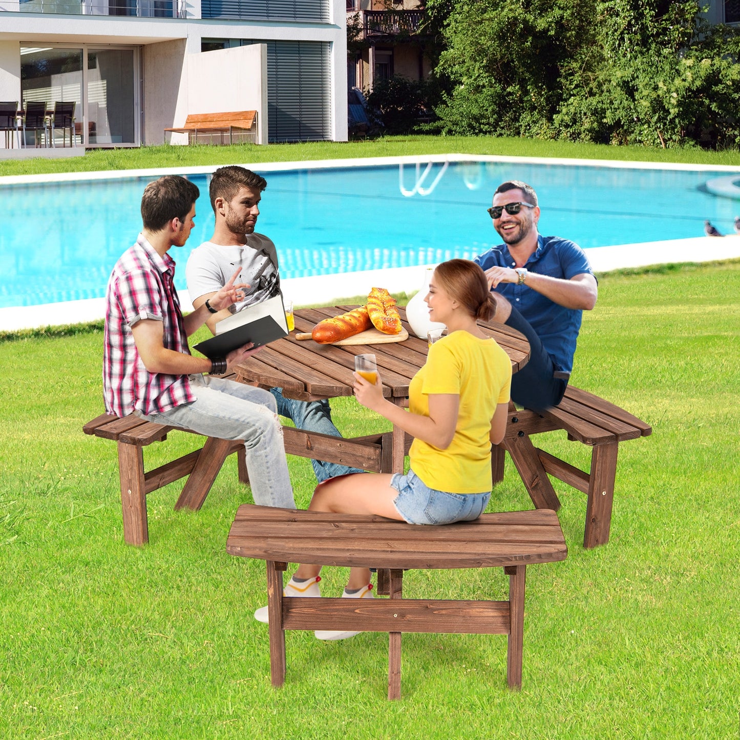 6 Person Wooden Picnic Table Set, Bench, Umbrella Hold Picnic Tables at Gallery Canada