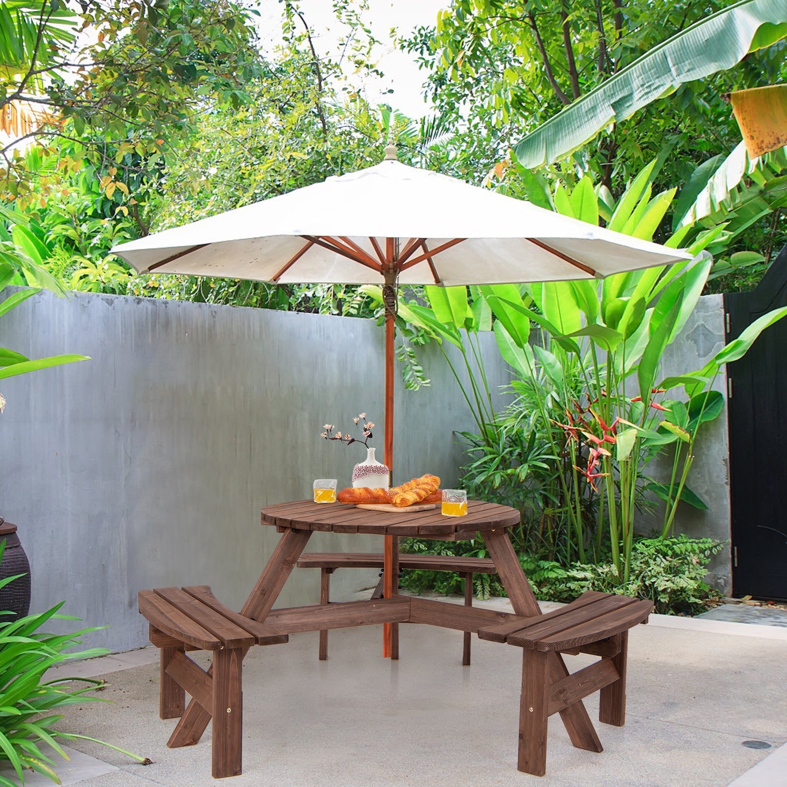 6 Person Wooden Picnic Table Set, Bench, Umbrella Hold Picnic Tables at Gallery Canada
