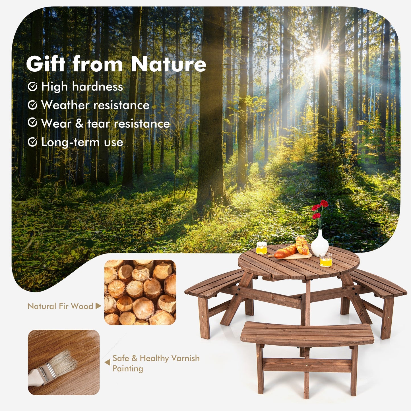 6 Person Wooden Picnic Table Set, Bench, Umbrella Hold Picnic Tables at Gallery Canada