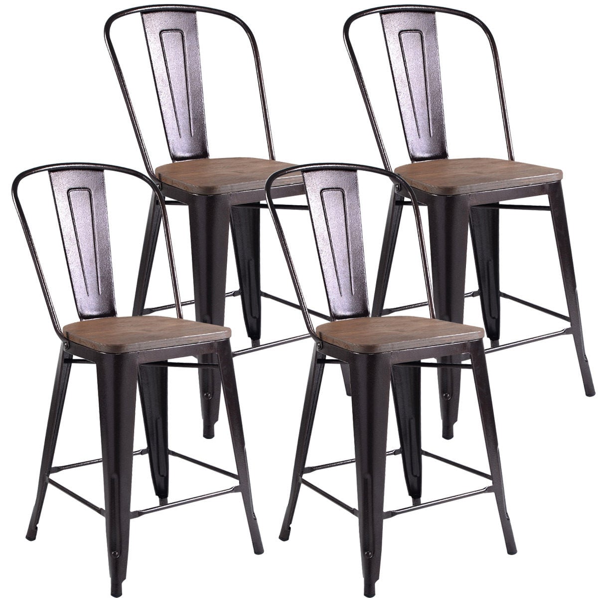 Set of 4 Industrial Metal Counter Stool Dining Chairs with Removable Backrests-Cooper, Brown Bar Stools at Gallery Canada