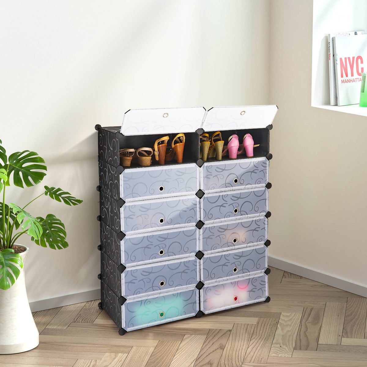12-Cube Plastic Shoe Rack With Transparent Doors, Black Shoe Racks & Storage Benches at Gallery Canada
