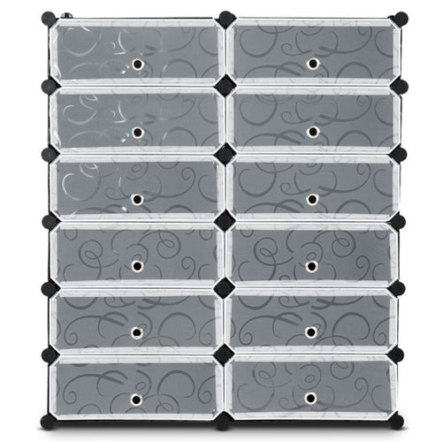 12-Cube Plastic Shoe Rack With Transparent Doors, Black