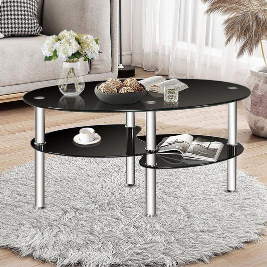 Tempered Glass Oval Side Coffee Table, Black Coffee Tables Black at Gallery Canada