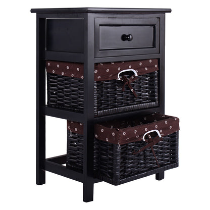 3-Tier Wooden Nightstand, 2 Baskets, 1 Drawer, Black Nightstands at Gallery Canada