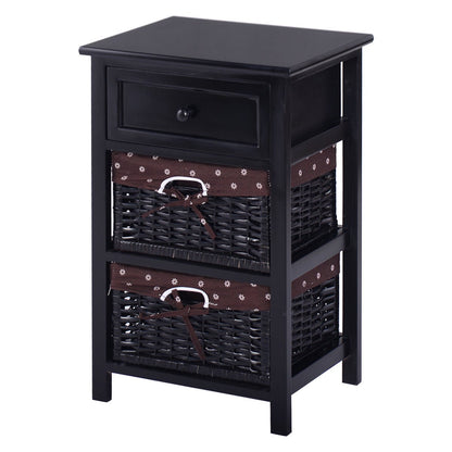 3-Tier Wooden Nightstand, 2 Baskets, 1 Drawer, Black Nightstands at Gallery Canada