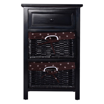 3-Tier Wooden Nightstand, 2 Baskets, 1 Drawer, Black Nightstands at Gallery Canada