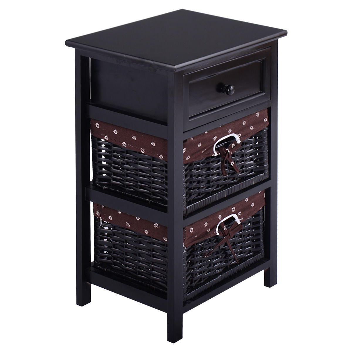 3-Tier Wooden Nightstand, 2 Baskets, 1 Drawer, Black Nightstands at Gallery Canada
