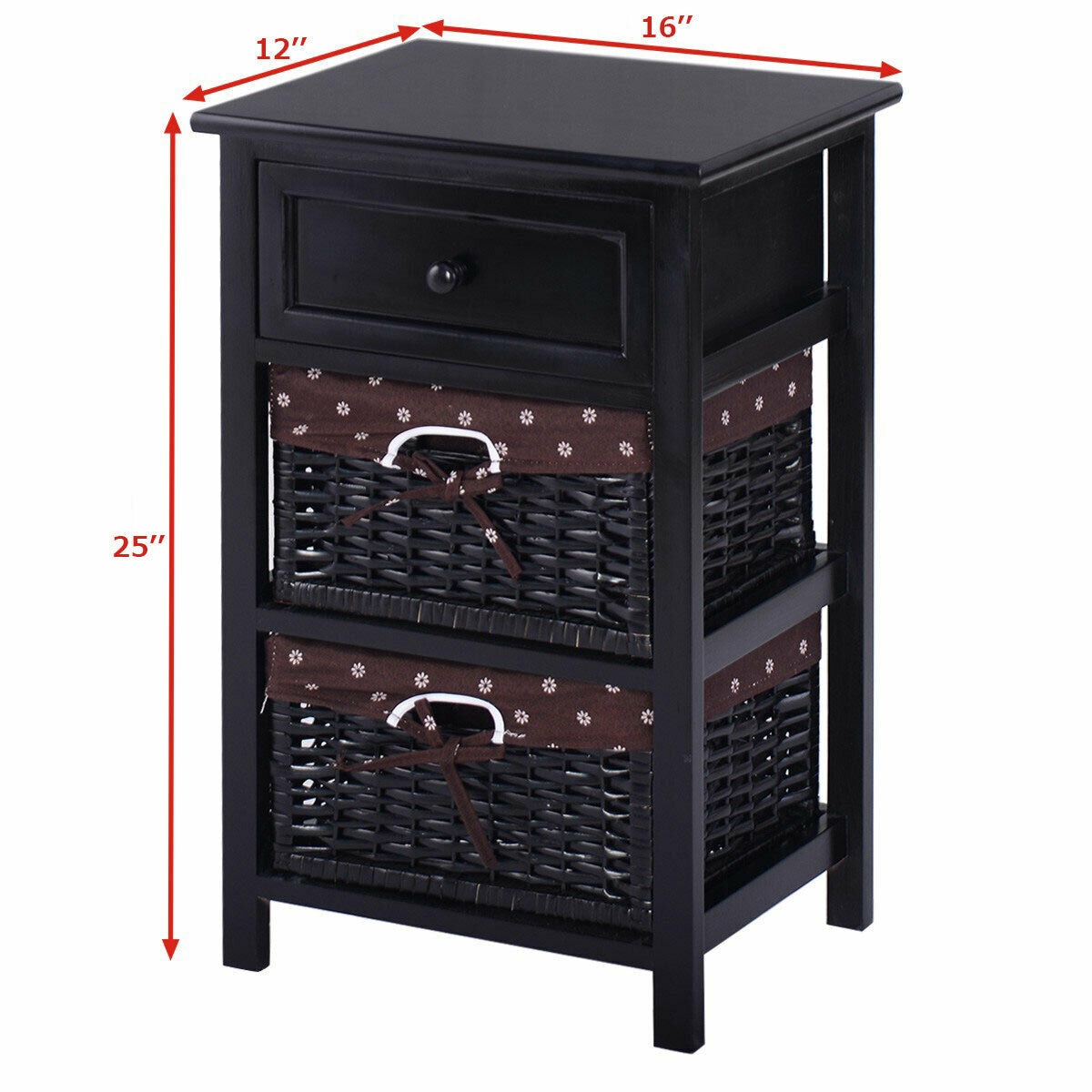 3-Tier Wooden Nightstand, 2 Baskets, 1 Drawer, Black Nightstands at Gallery Canada