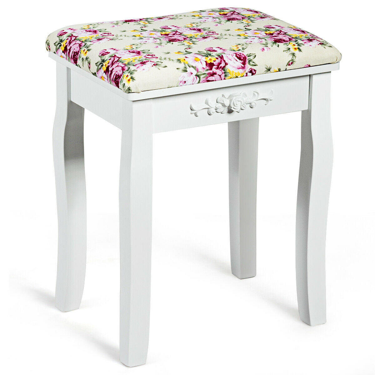 Vanity Wood Dressing Stool Padded Piano Seat with Rose Cushion, White Makeup Vanities at Gallery Canada