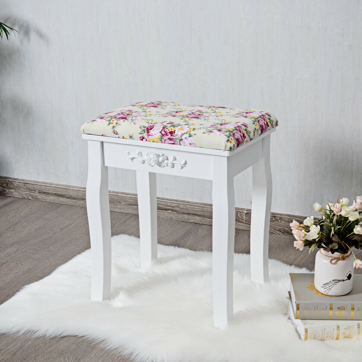 Vanity Wood Dressing Stool Padded Piano Seat with Rose Cushion, White Makeup Vanities at Gallery Canada