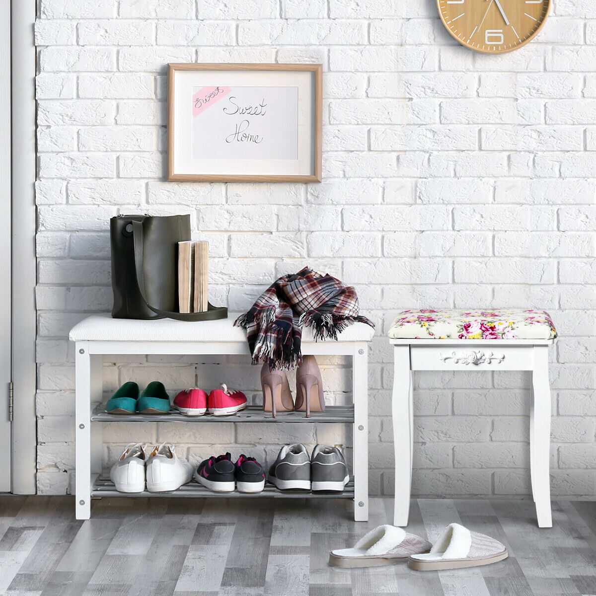 Vanity Wood Dressing Stool Padded Piano Seat with Rose Cushion, White Makeup Vanities at Gallery Canada