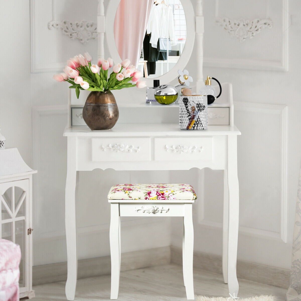 Vanity Wood Dressing Stool Padded Piano Seat with Rose Cushion, White Makeup Vanities at Gallery Canada