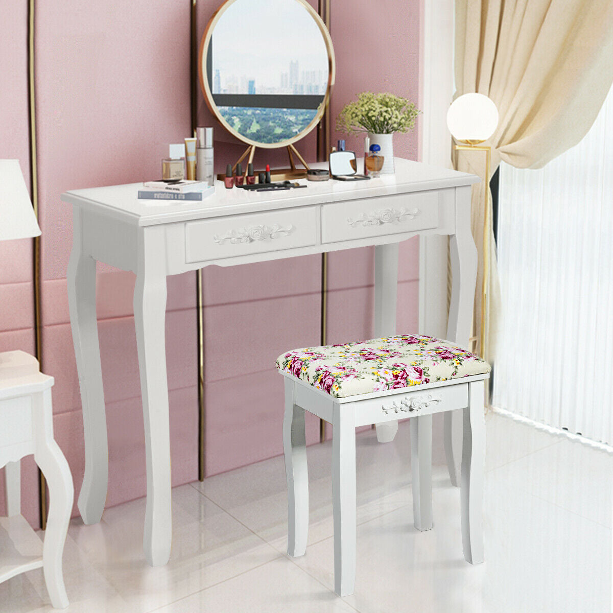 Vanity Wood Dressing Stool Padded Piano Seat with Rose Cushion, White Makeup Vanities at Gallery Canada