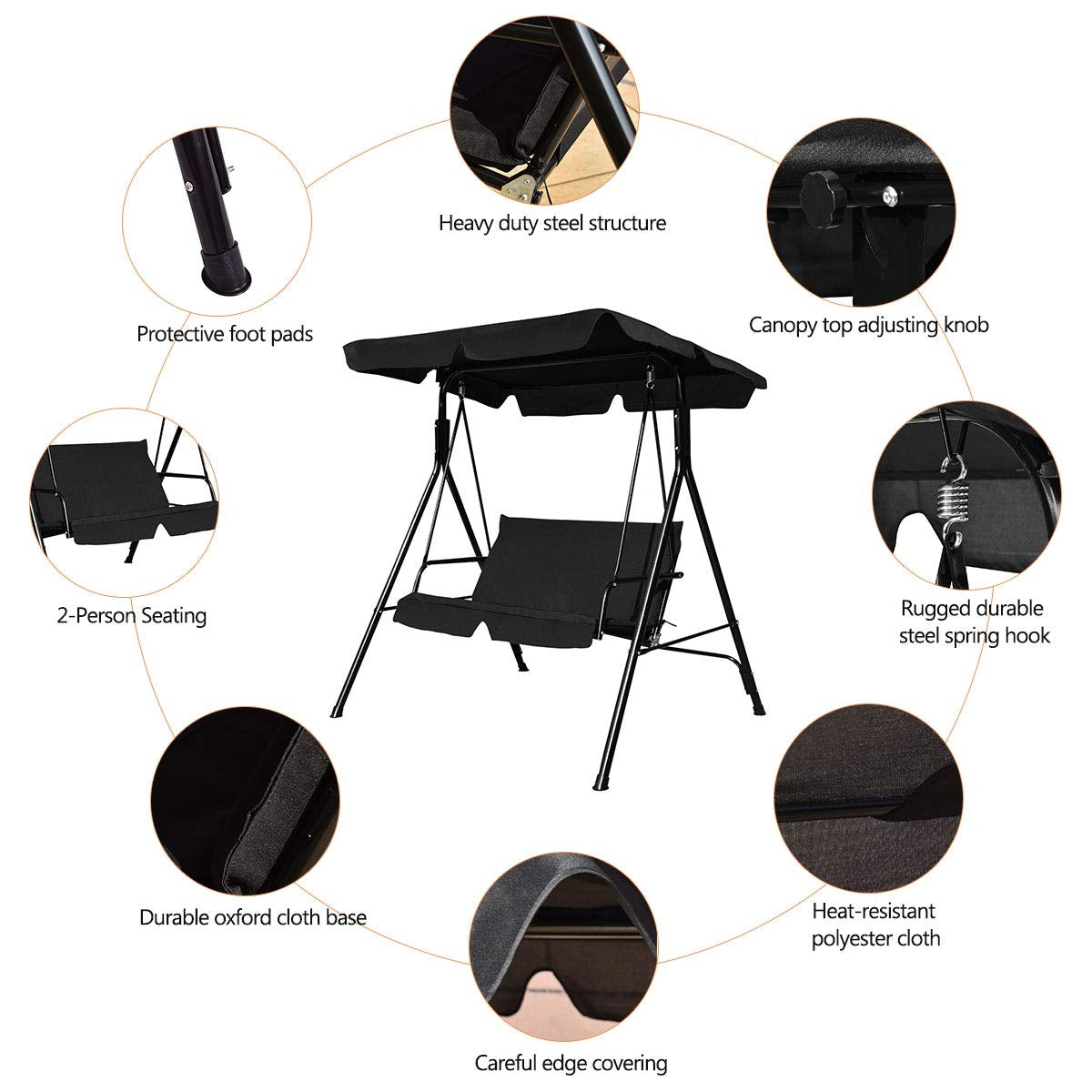 Patio Swing Glider, Steel Frame, Cushioned Loveseat, Black Porch Swings at Gallery Canada
