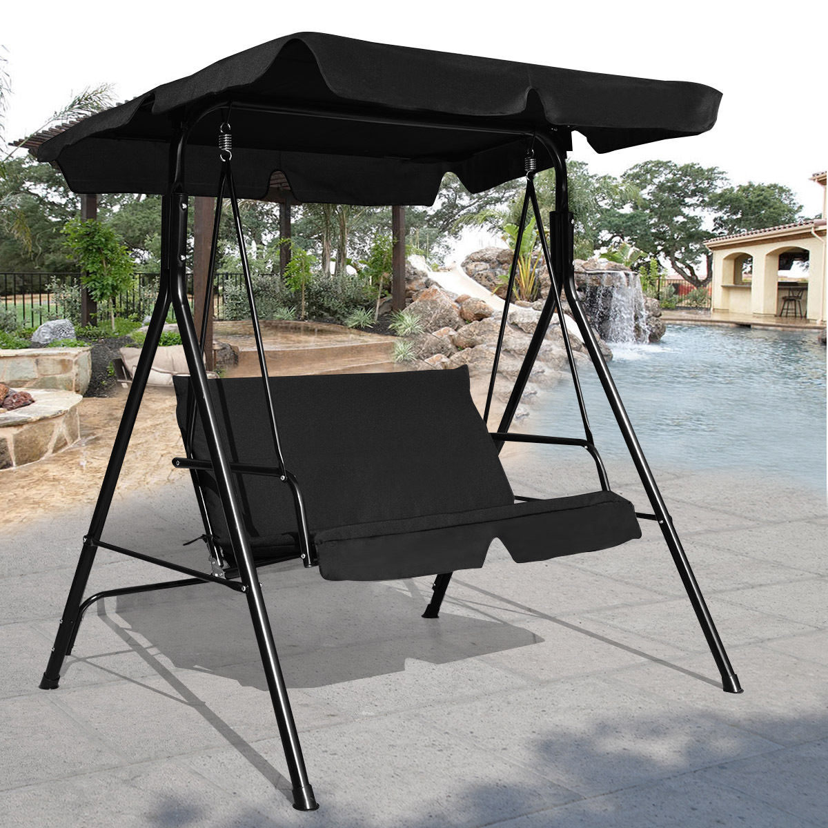 Patio Swing Glider, Steel Frame, Cushioned Loveseat, Black Porch Swings at Gallery Canada