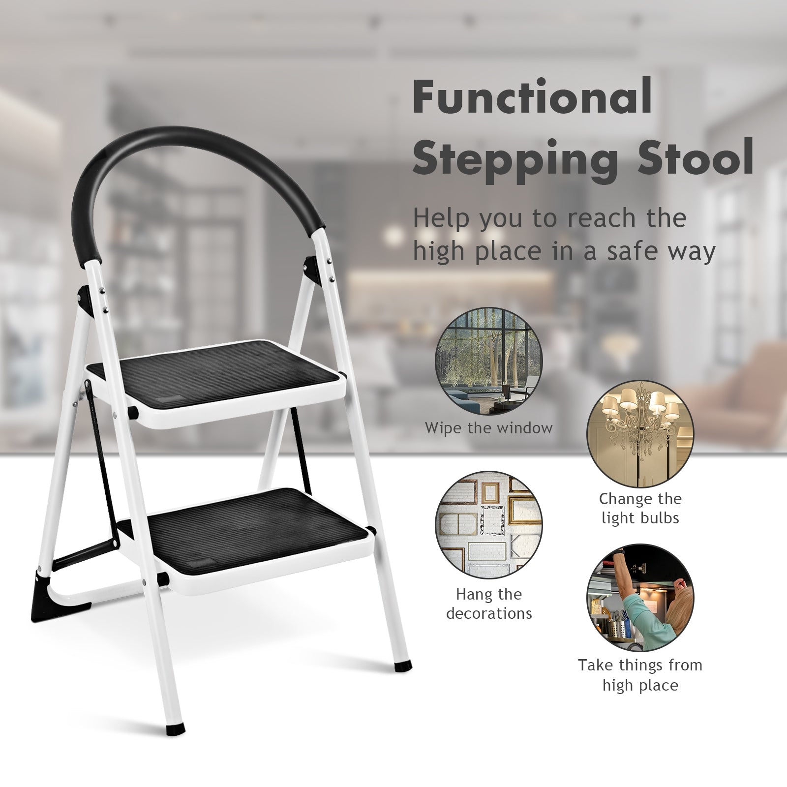 2.75 Feet Folding Step Stool, Iron Frame, Anti-Slip Pedals, 330lbs, Black Ladders at Gallery Canada