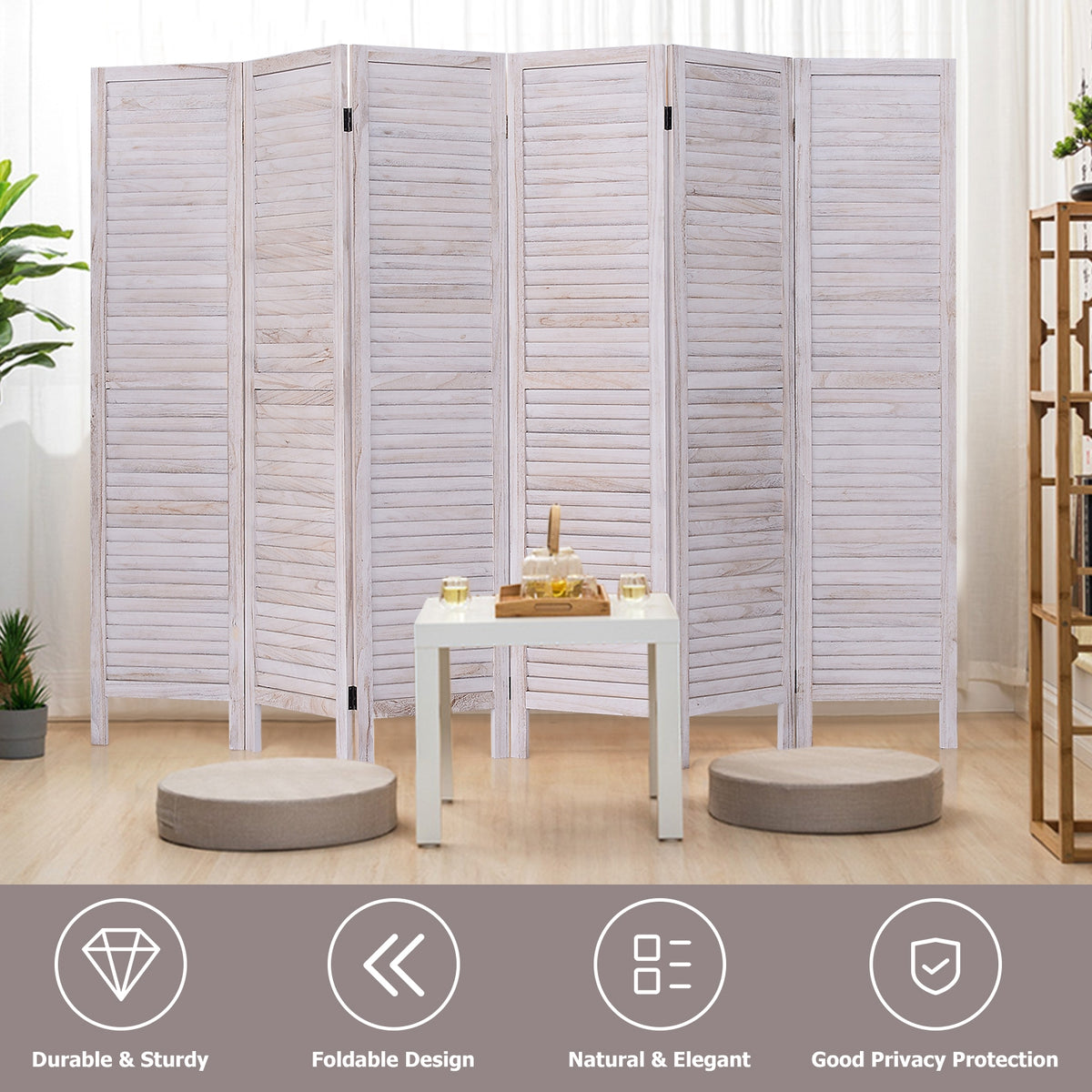 6 Panels Classic Venetian Wooden Slat Room Screen, White Room Dividers at Gallery Canada