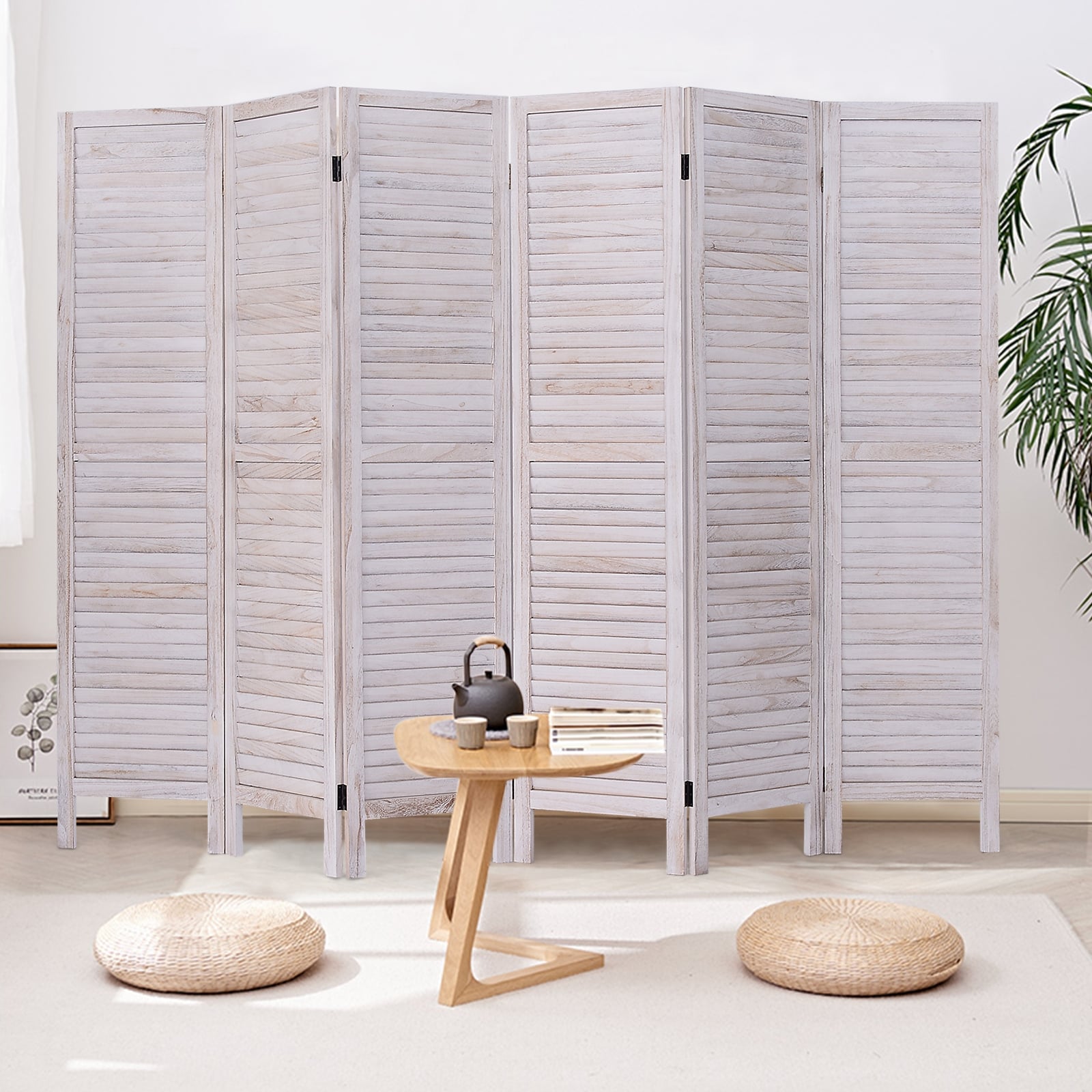 6 Panels Classic Venetian Wooden Slat Room Screen, White Room Dividers at Gallery Canada