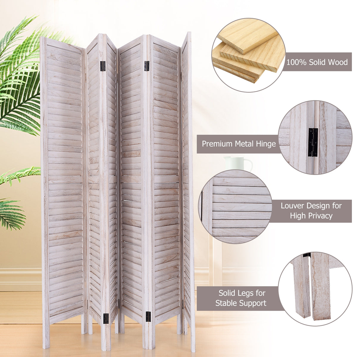 6 Panels Classic Venetian Wooden Slat Room Screen, White Room Dividers at Gallery Canada