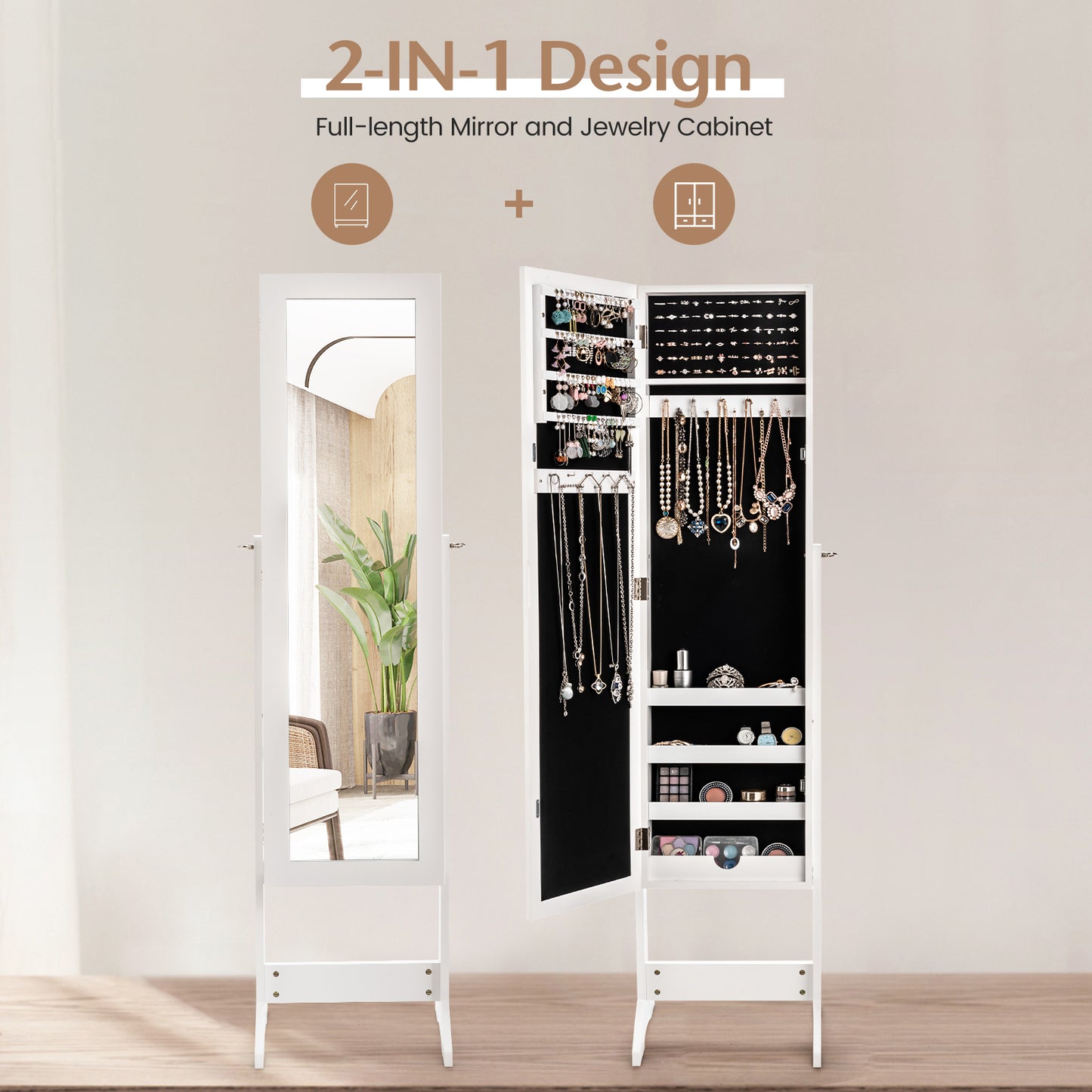 Mirrored Jewelry Cabinet Armoire, Mirror Organizer Storage Box With Stand, White Jewelry Armoires at Gallery Canada