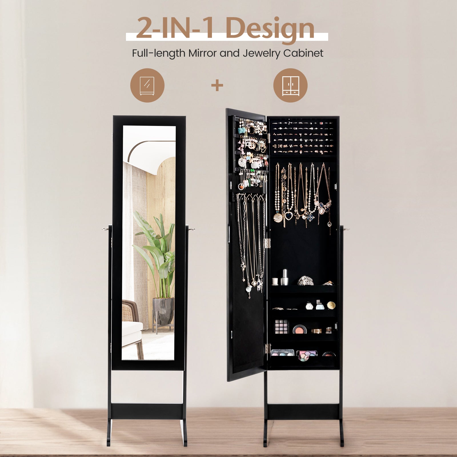 Mirrored Jewelry Cabinet Armoire, Mirror Organizer Storage Box With Stand, Black Jewelry Armoires at Gallery Canada